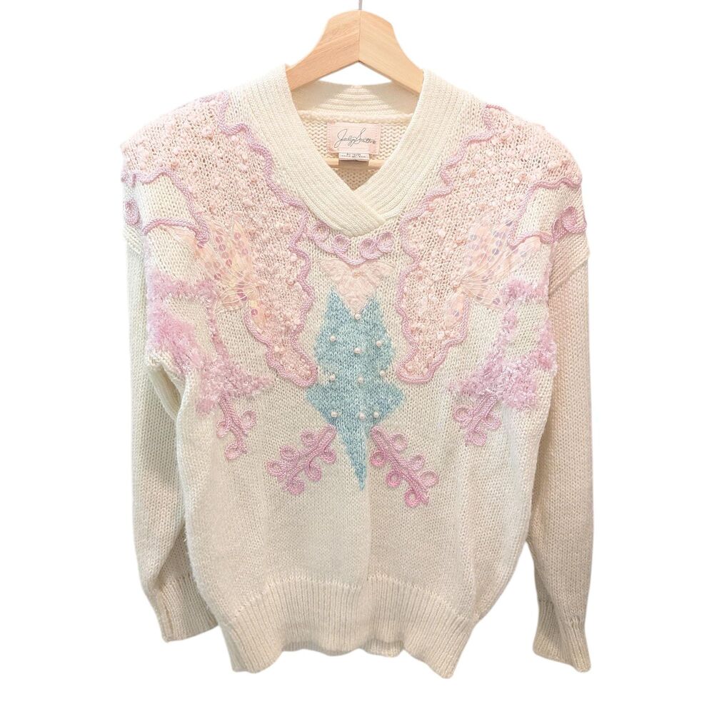Vintage Jaclyn Smith Butterfly Sweater Pastel Grunge Pearl Sequin Knit Small 80s